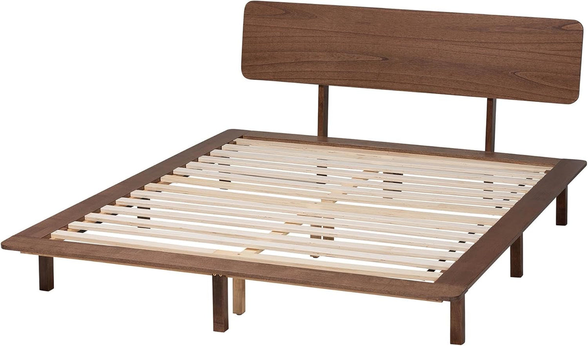Japandi Walnut Brown Rubberwood Platform Bed Queen