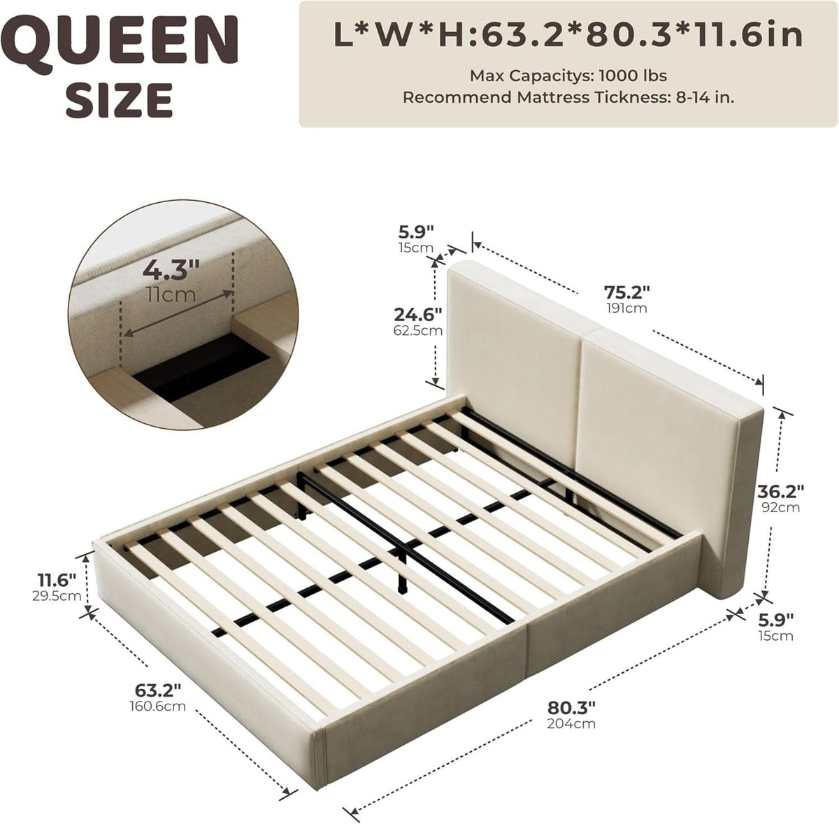 Queen Beige Platform Bed Frame Noisefree Headboard
