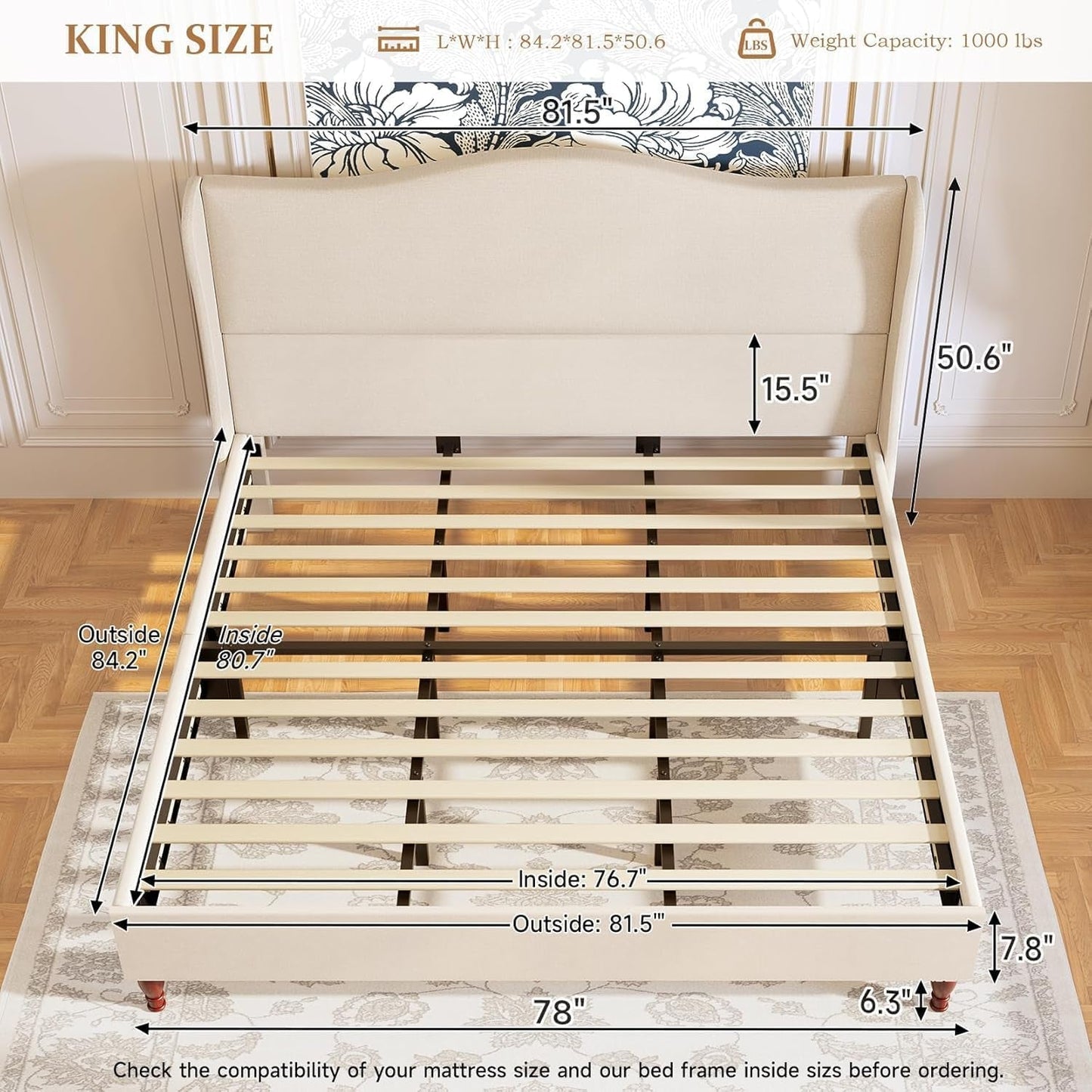 King Size Beige Upholstered Platform Bed Headboard