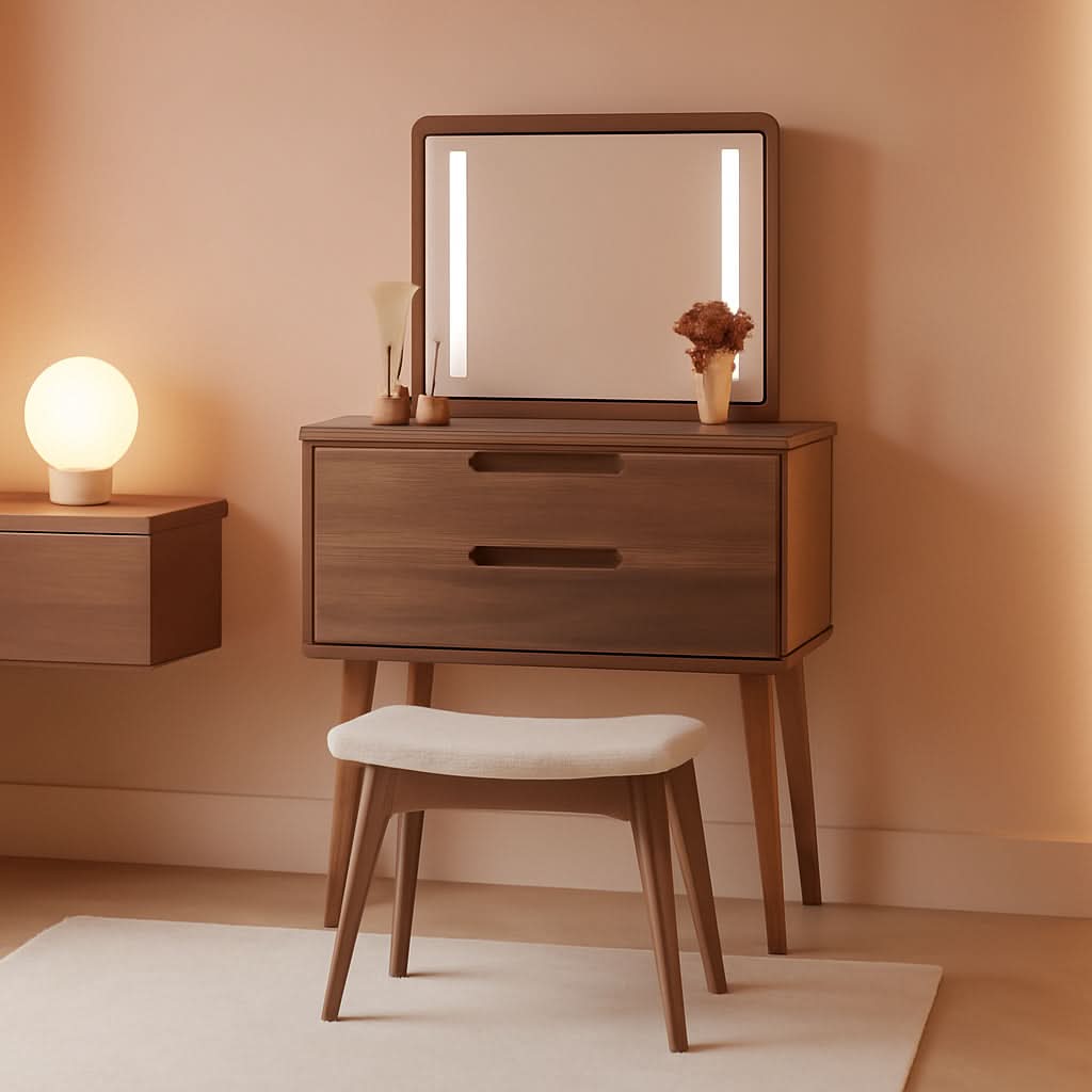 Walnut Finish Contemporary Vanity Desk Integrated Mirror