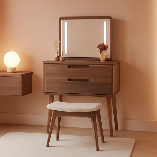 Walnut Finish Contemporary Vanity Desk Integrated Mirror