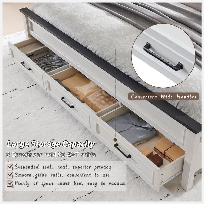 Queen Size Bed Frame Antique White Finish Storage Drawers-4
