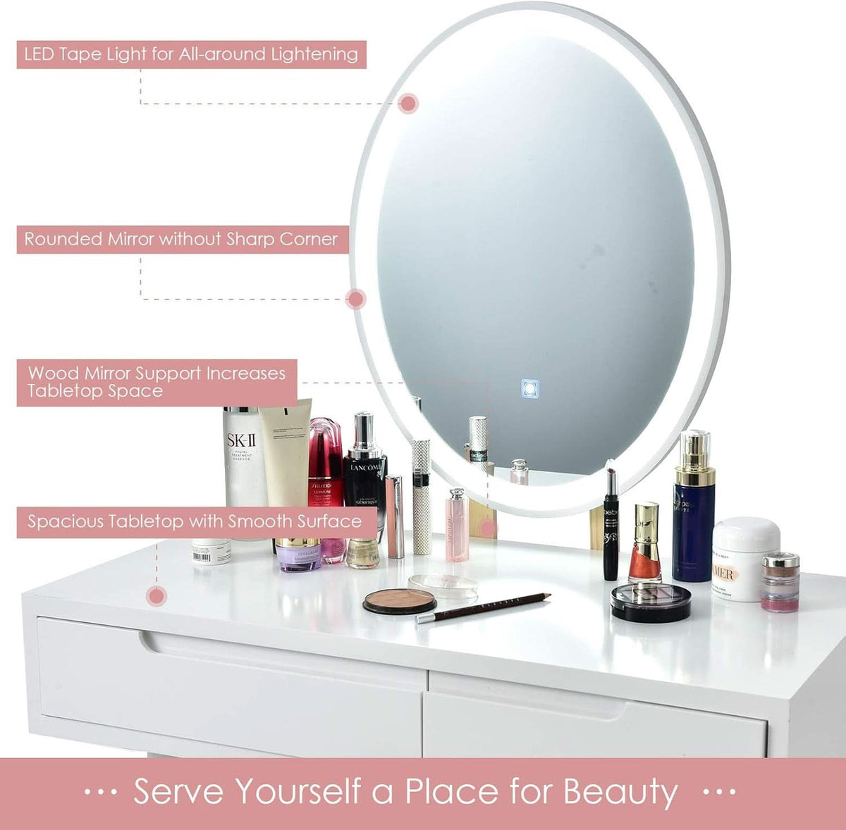 White Vanity Set With Illuminated Mirror Organization
