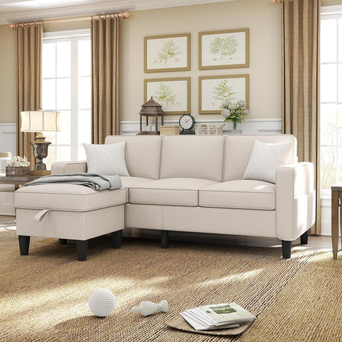 Seventy EightInch Beige Linen Sectional Sofa Storage