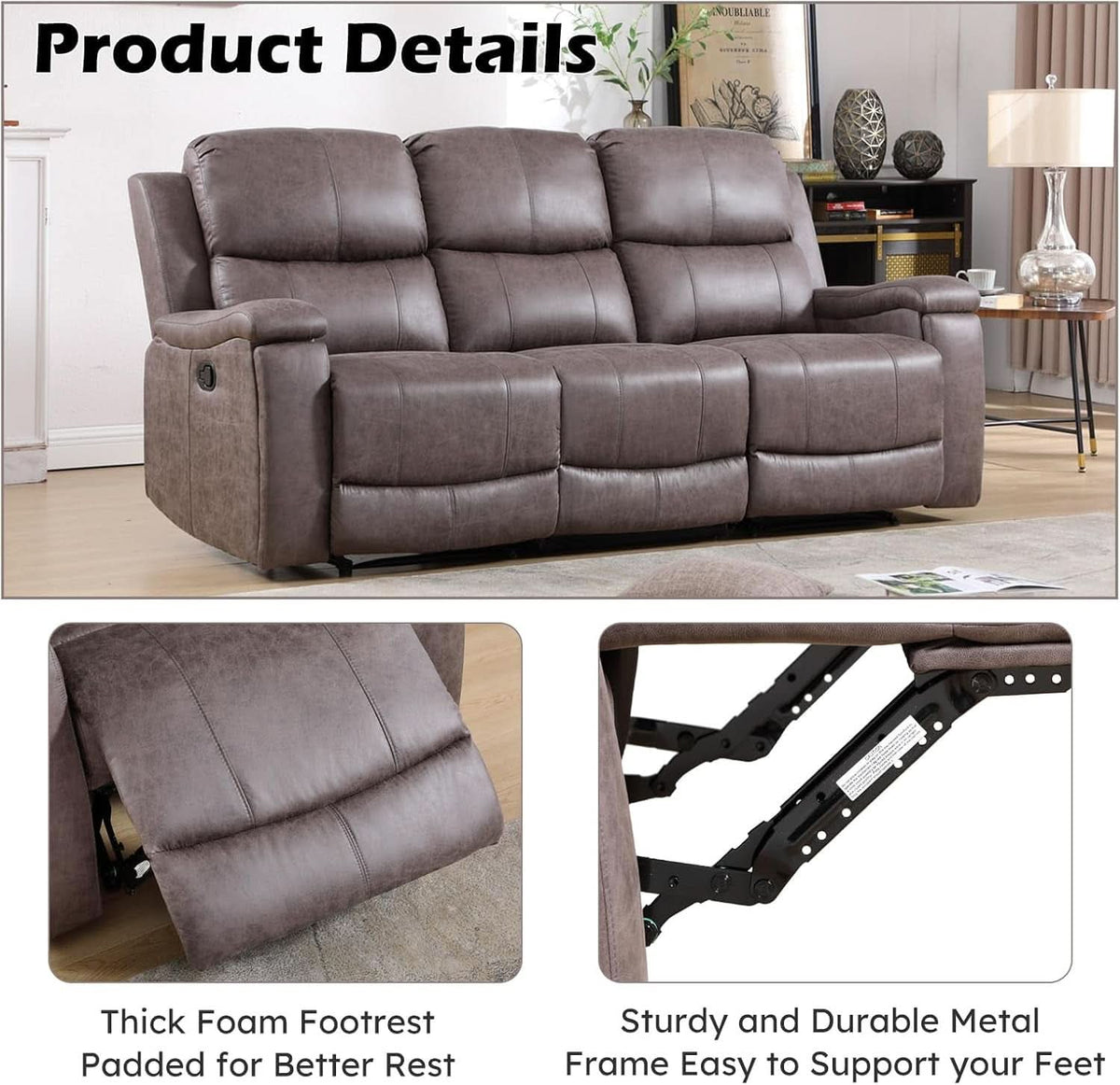 Grey Overstuffed Faux Leather Manual Recliner Sofa
