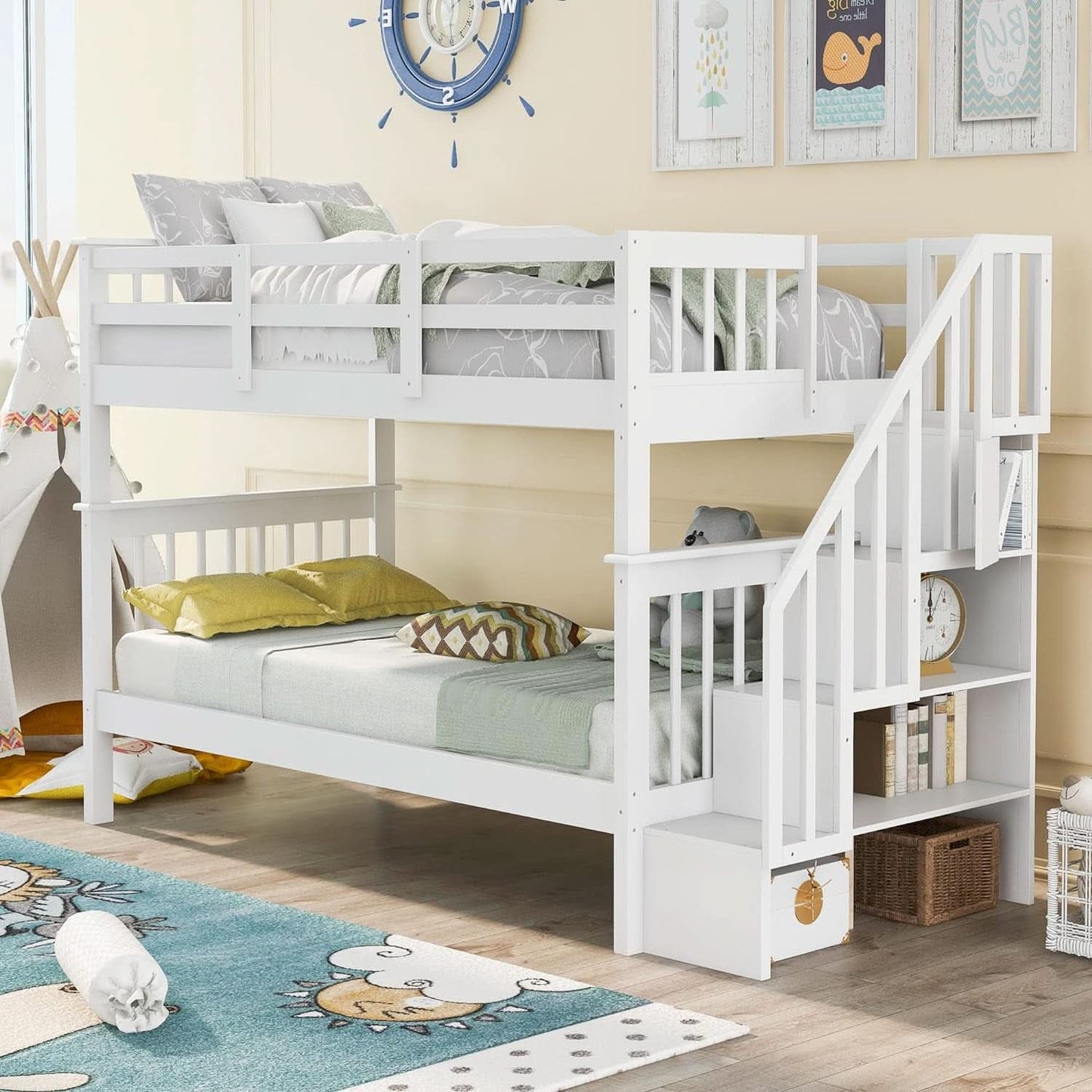 Twin Over Twin Bunk Bed With Stairs Solid Wood White
