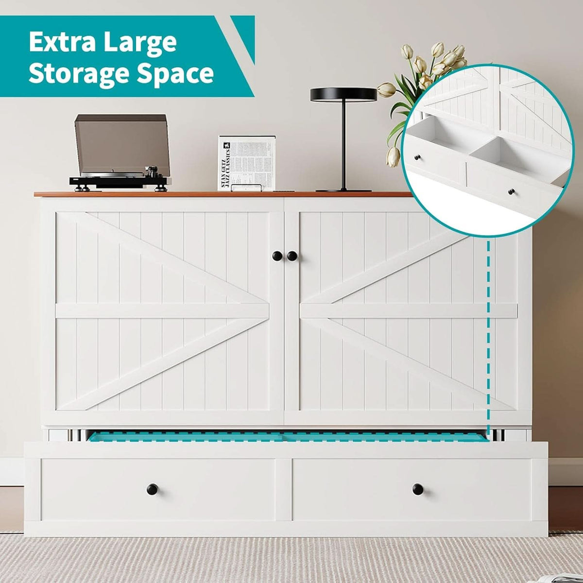 White Queen Murphy Cabinet Bed USB Charging-2