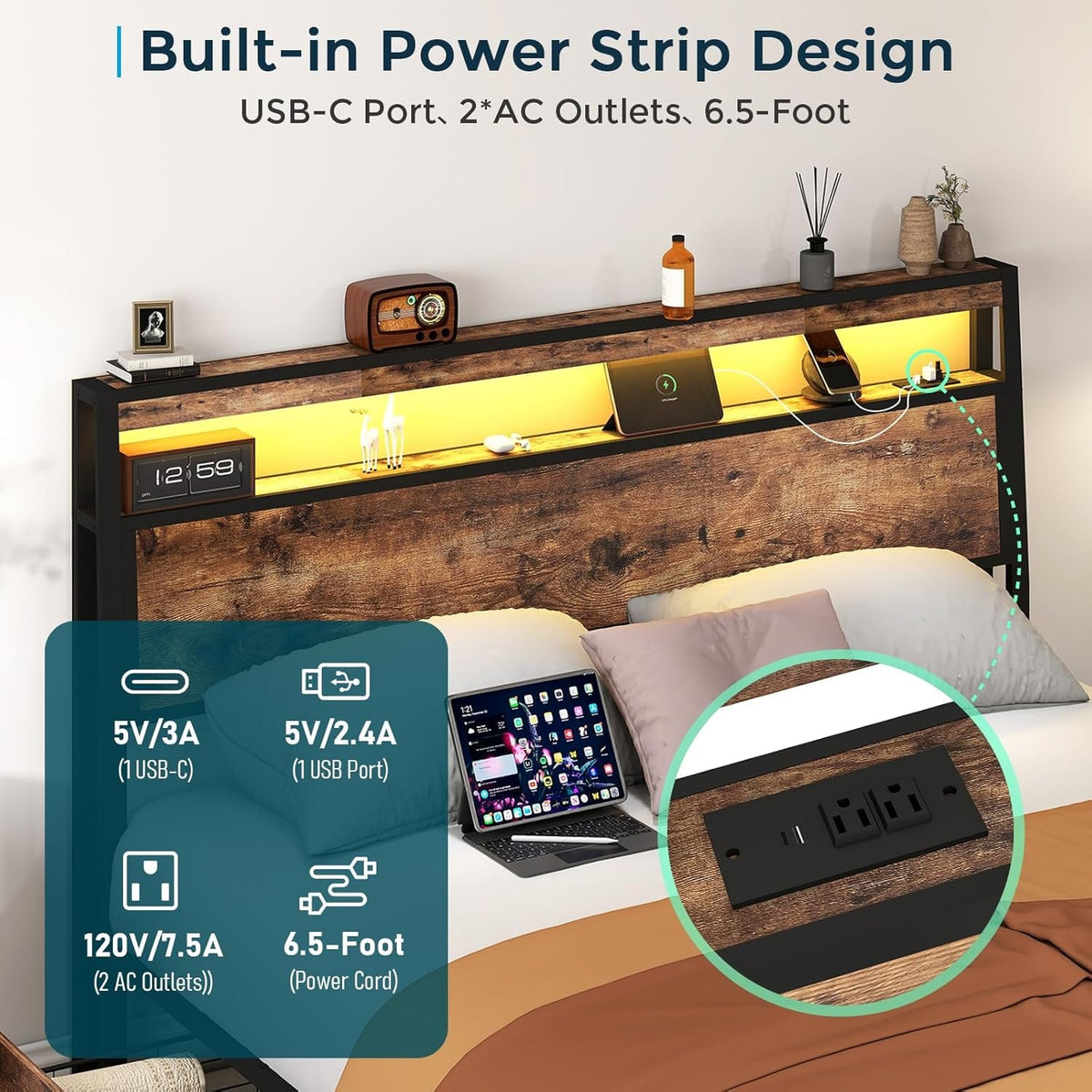 Full Size Platform Bed Frame With USB Charging Station