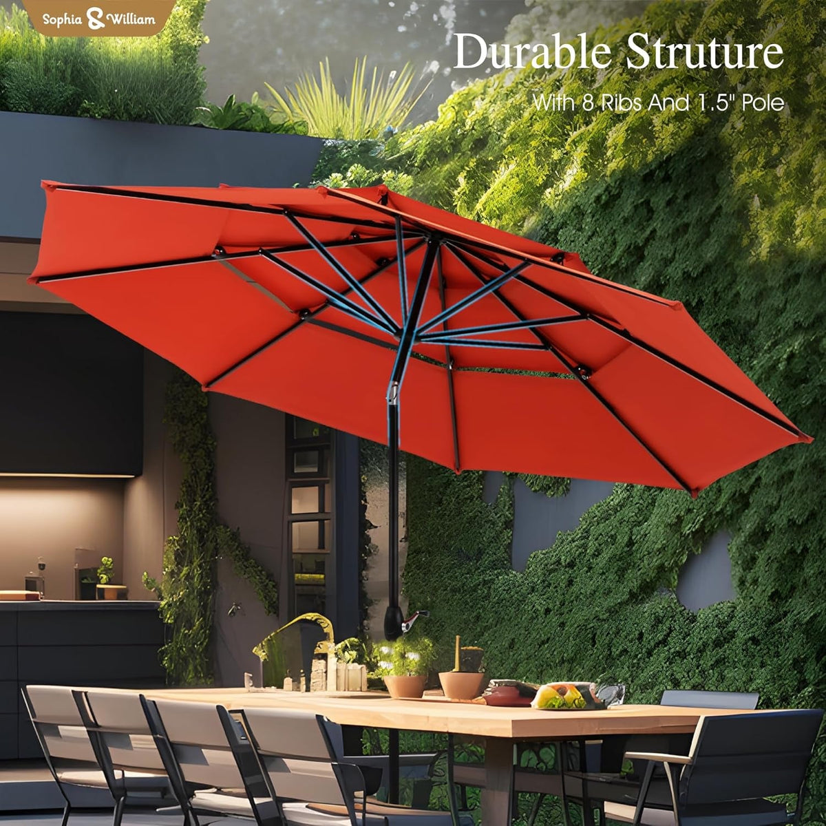10Ft Auto Tilt Patio Umbrella Weather-Resistant Red