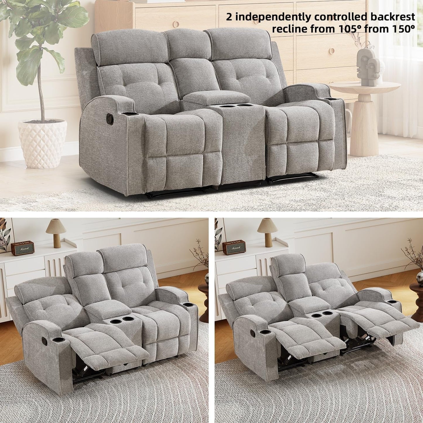 67 Inch Manual Loveseat Recliner Sofa With Cupholders