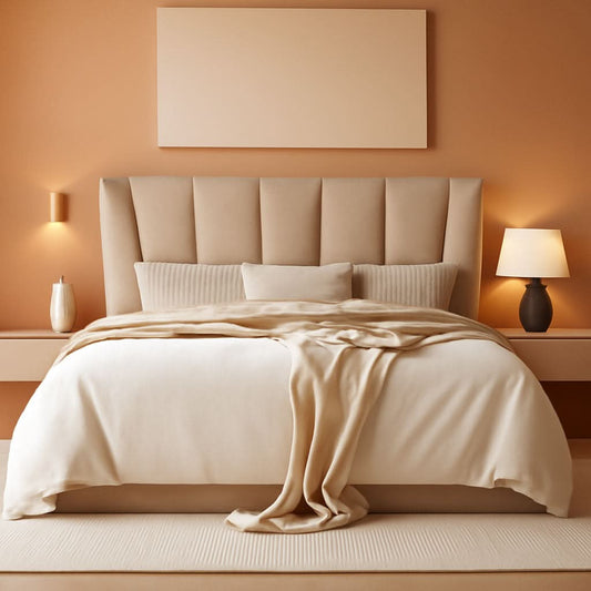King Size Upholstered Bed Frame Beige Geometric Headboard