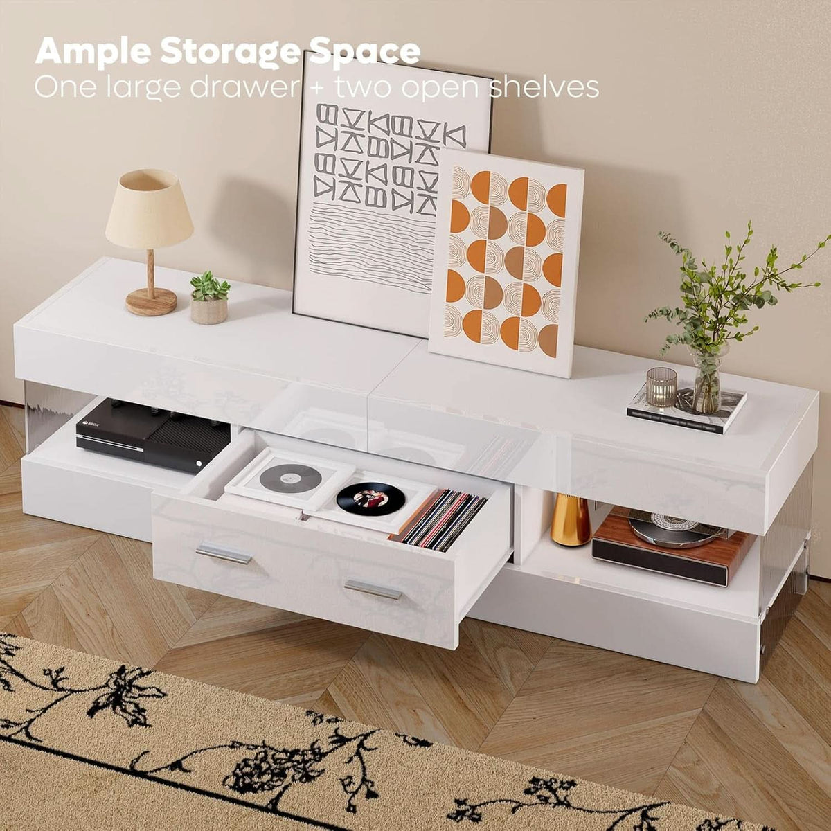 Glossy White TV Stand Entertainment Center Storage