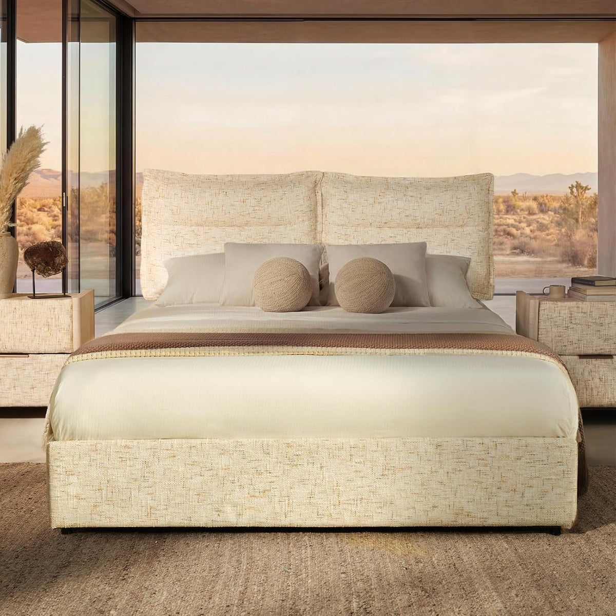King Size Stone Beige Upholstered Platform Bed Drawers