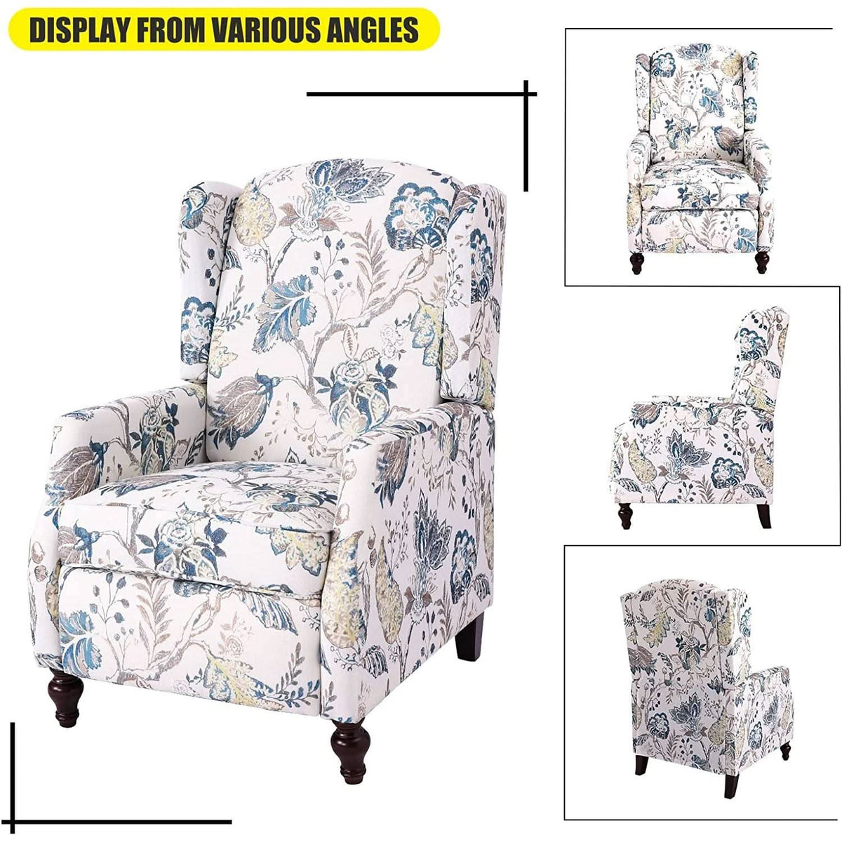 Upholstered Wingback Recliner Chair Blue Floral Elegant