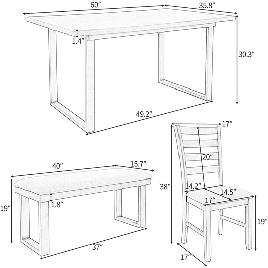 6 Piece Rustic Wood Dining Table Set With Bench And Chairs