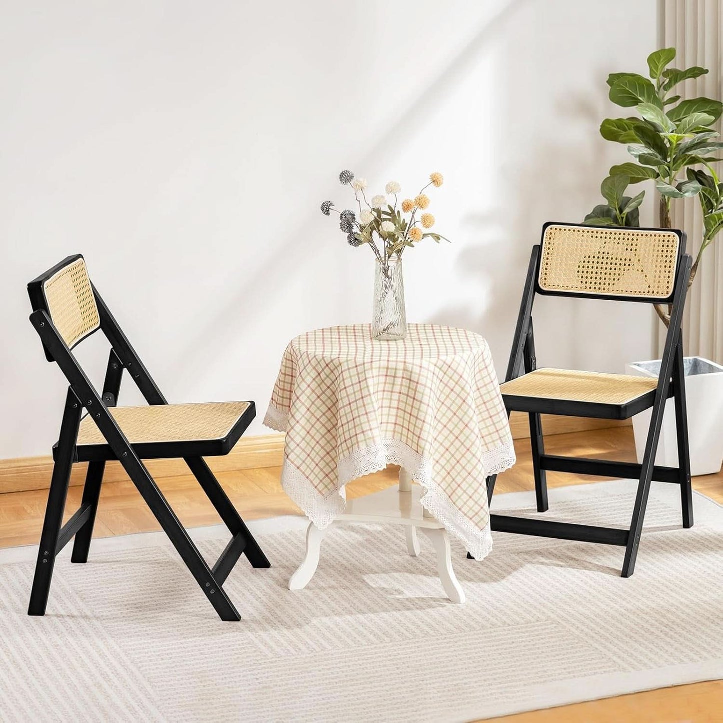 Rattan Folding Dining Chairs Set Of 2 Black Mid Century