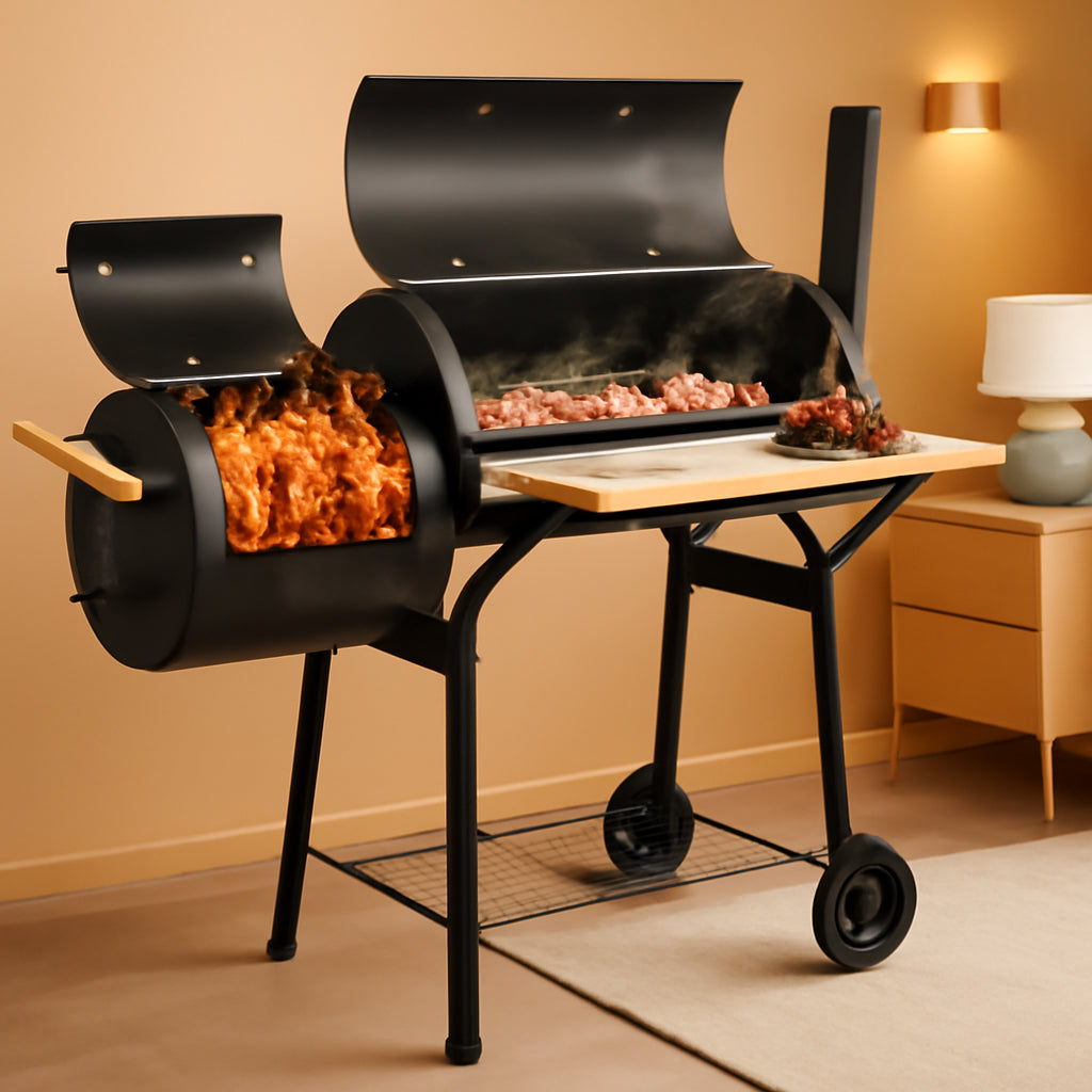 Industrial Black Charcoal Grill Integrated Offset Smoker