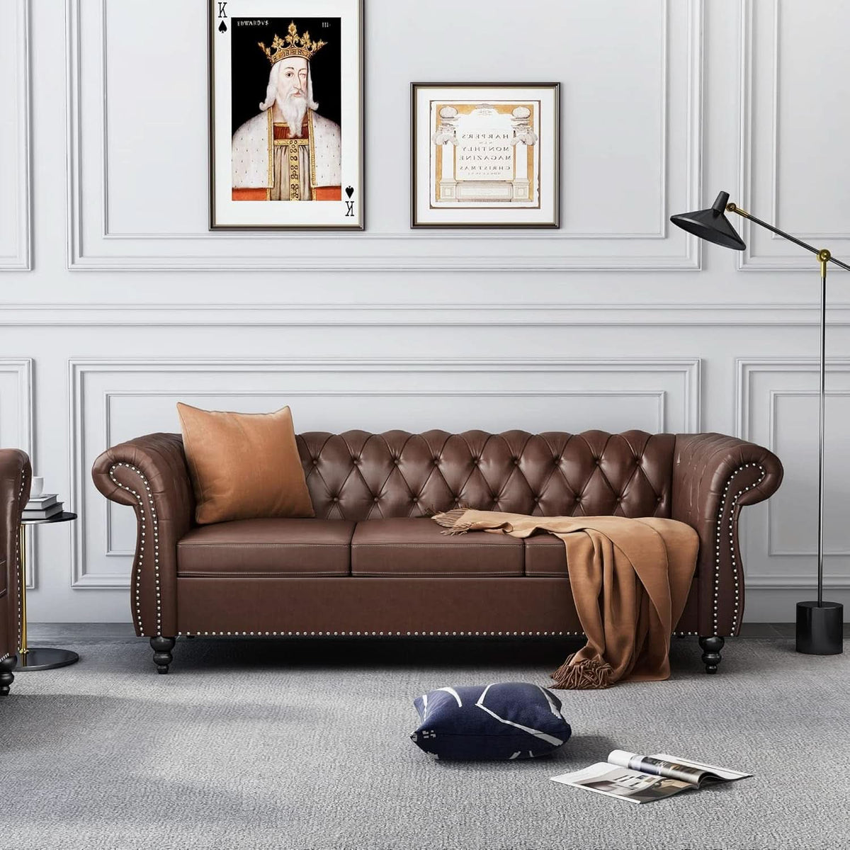 3 Piece Chesterfield Leather Living Room Set Sofa Loveseat Chair Dark Brown with Scroll Arms and Nailhead-2