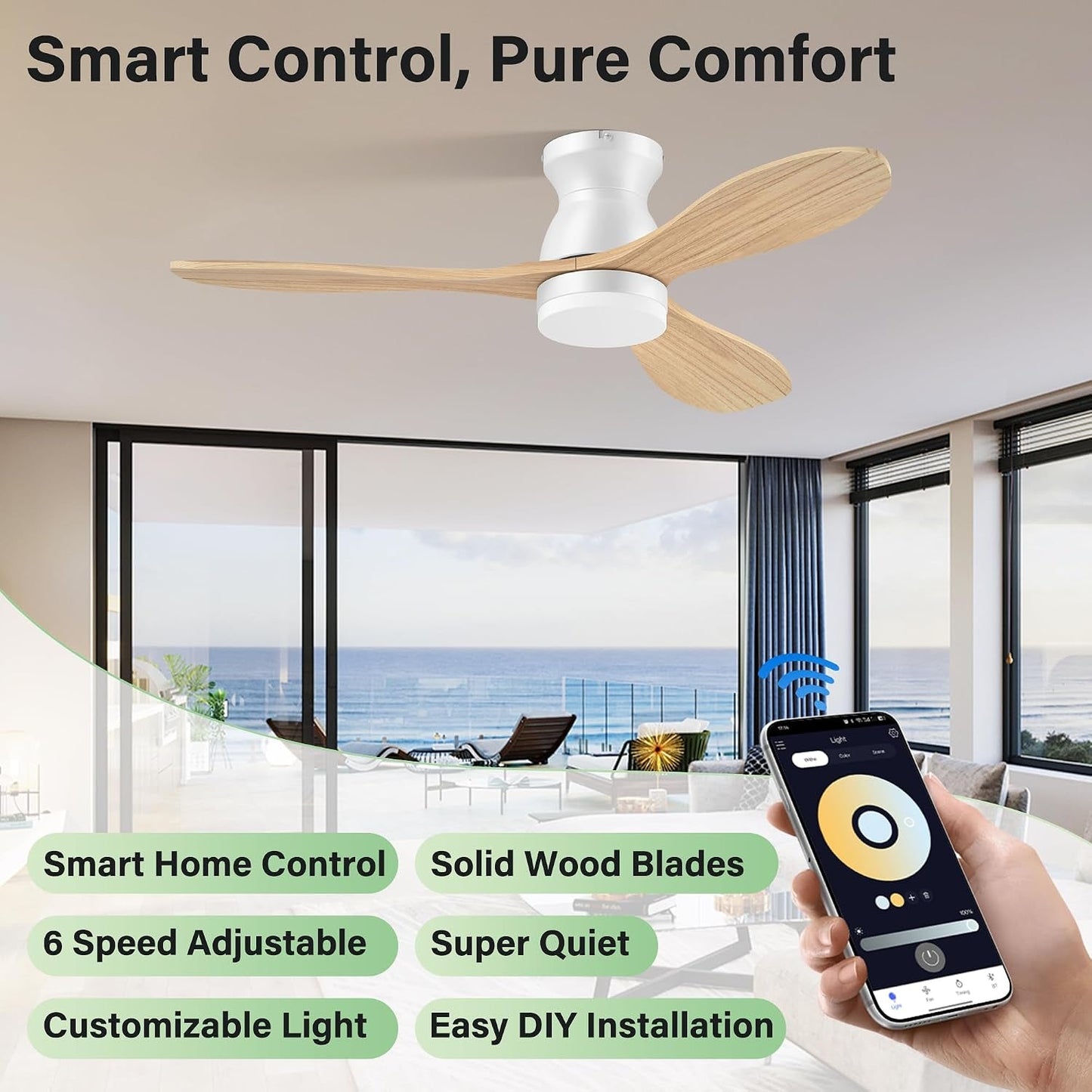 Contemporary 42 Inch Wooden Intelligent Ceiling Fan