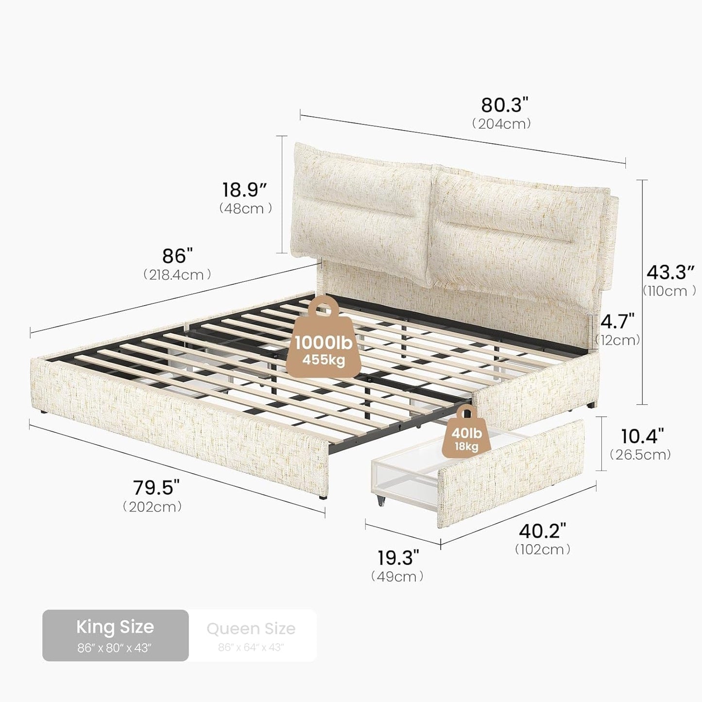 King Size Stone Beige Upholstered Platform Bed Drawers