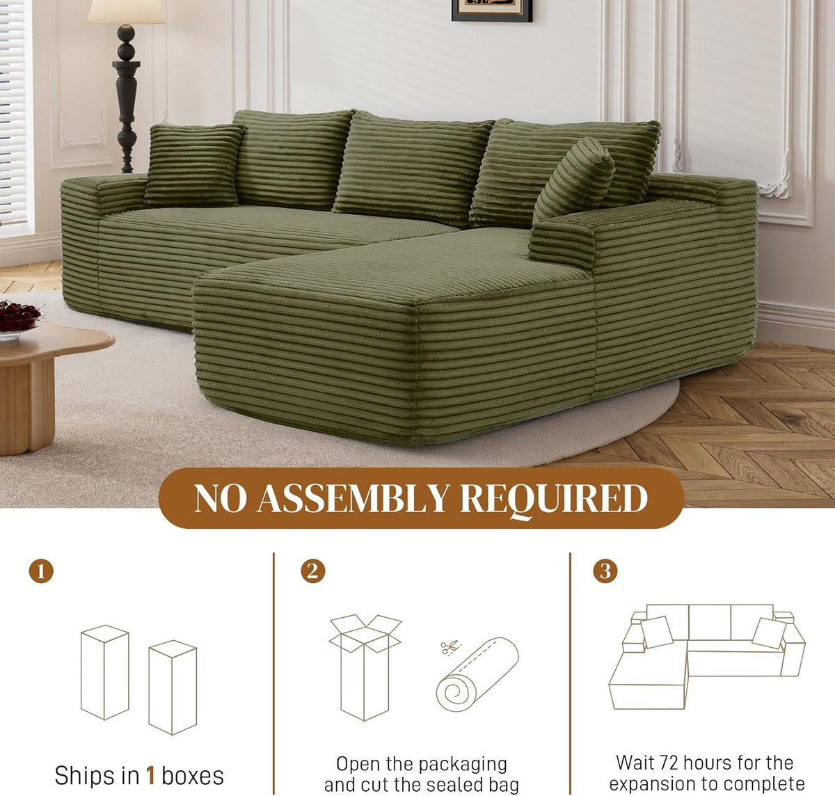 95 Inch Boneless Cloudlike Sectional Sofa MemoryFoam