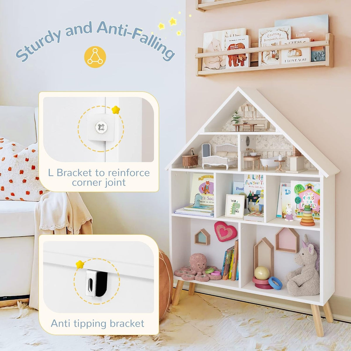 White Wooden Dollhouse Bookcase With 4Tier Storage
