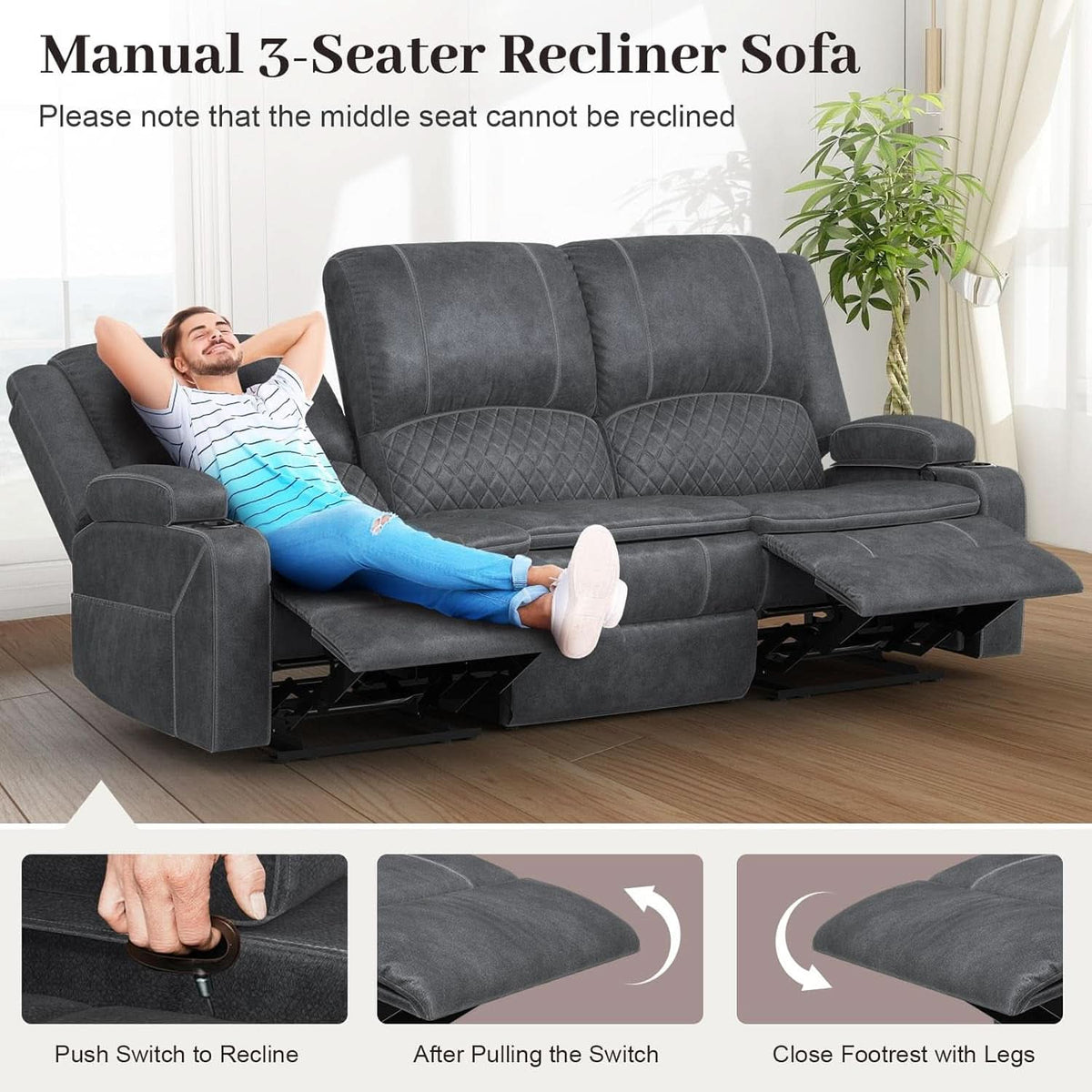 Grey 3 Seater Recliner Sofa Set With Removable Console For Living Room Comfort And Style
