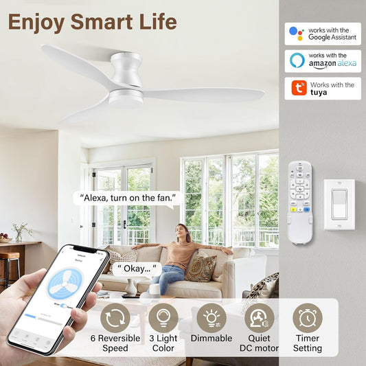 52 Inch Matte White FlushMount Ceiling Fan Dimmable