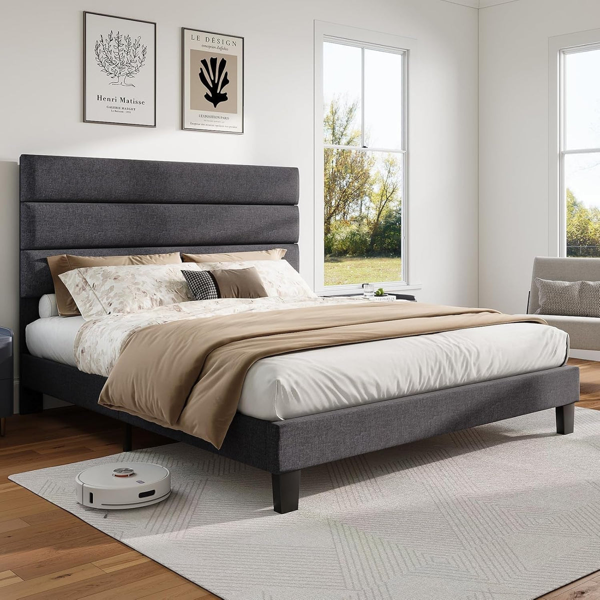 Queen Size Grey Linen Upholstered Platform Bed frame