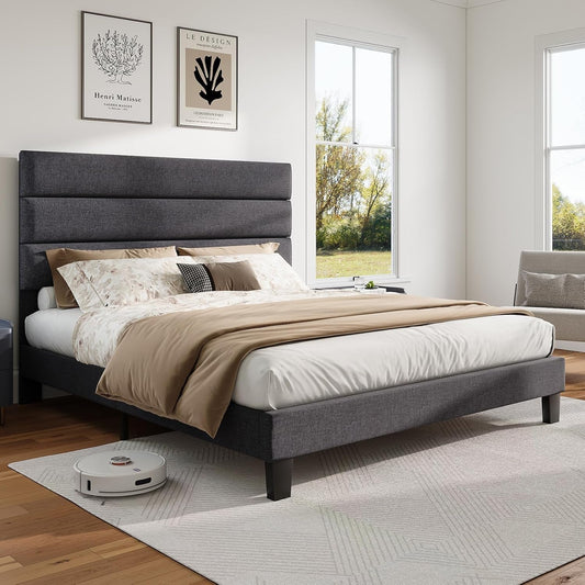 Queen Size Grey Linen Upholstered Platform Bed frame