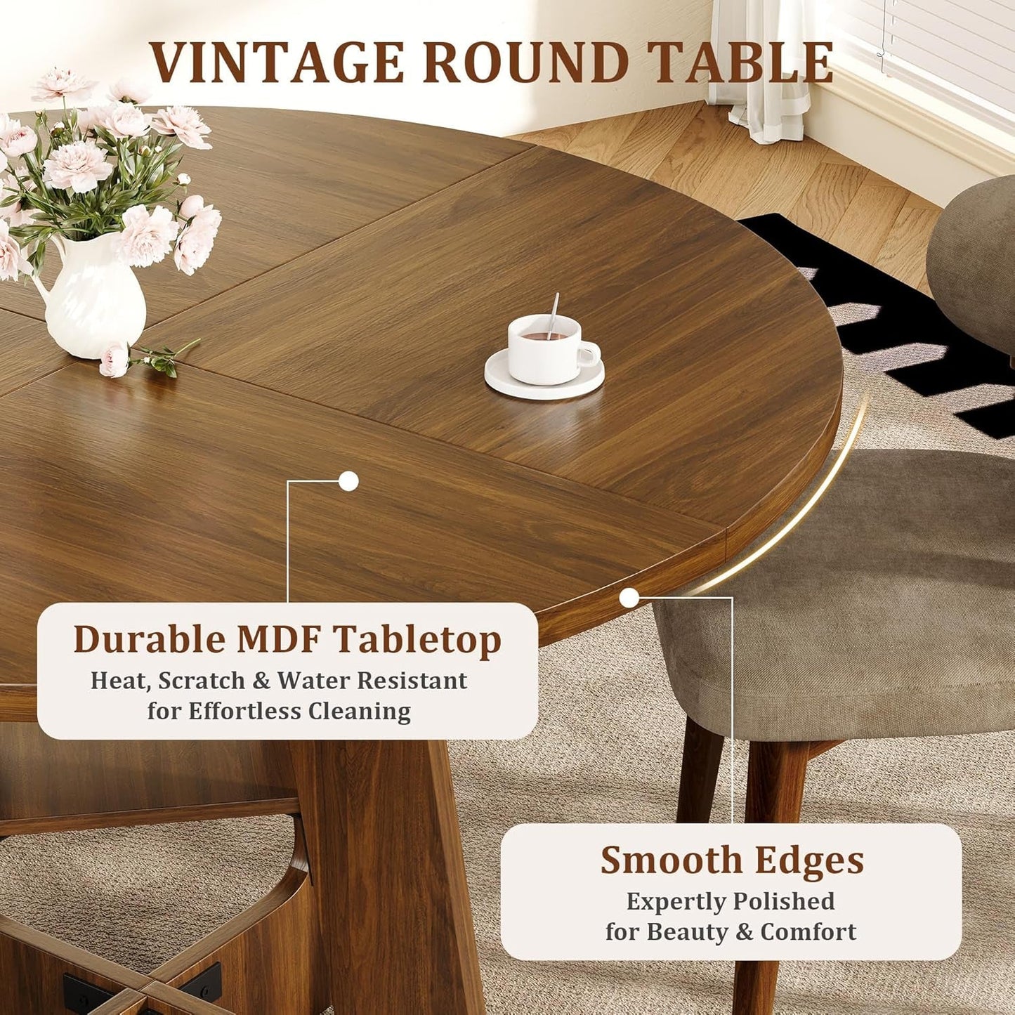 Contemporary Solid Wood 47 Inch Round Dining Table For Six