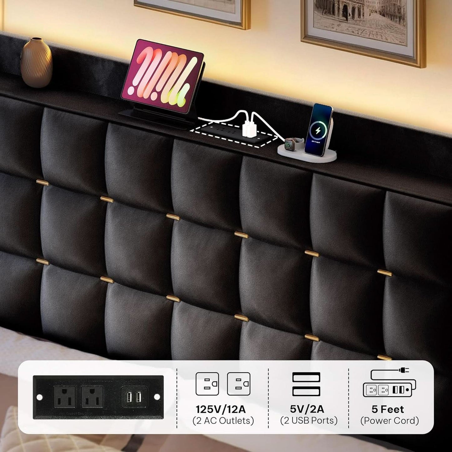King Size Black Bed Frame Storage Drawers Charging Station