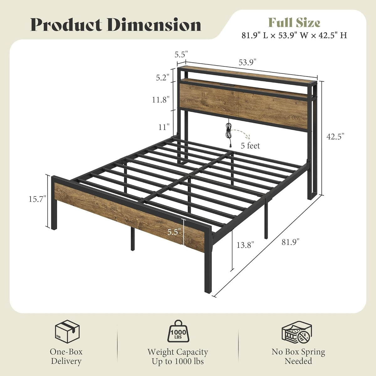 Full Size Brown Industrial Bed Frame Under bed Storage