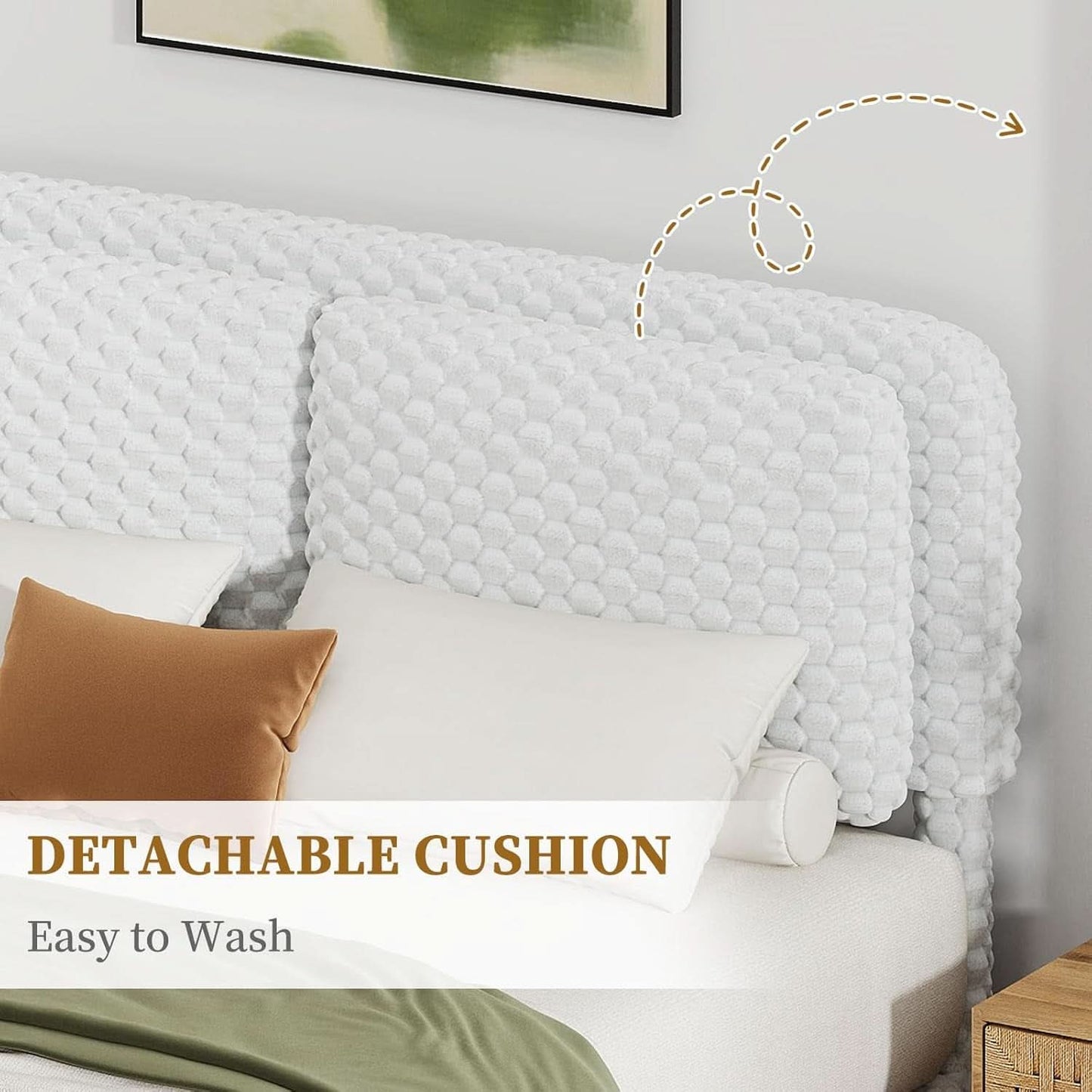 Queen Size White Corduroy Upholstered Platform Bed
