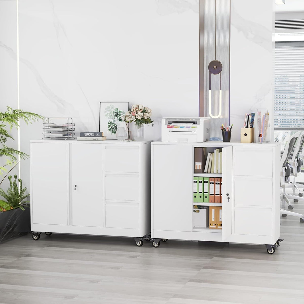 Forty Seven Inch Brilliant White Finish Rolling File Cabinet