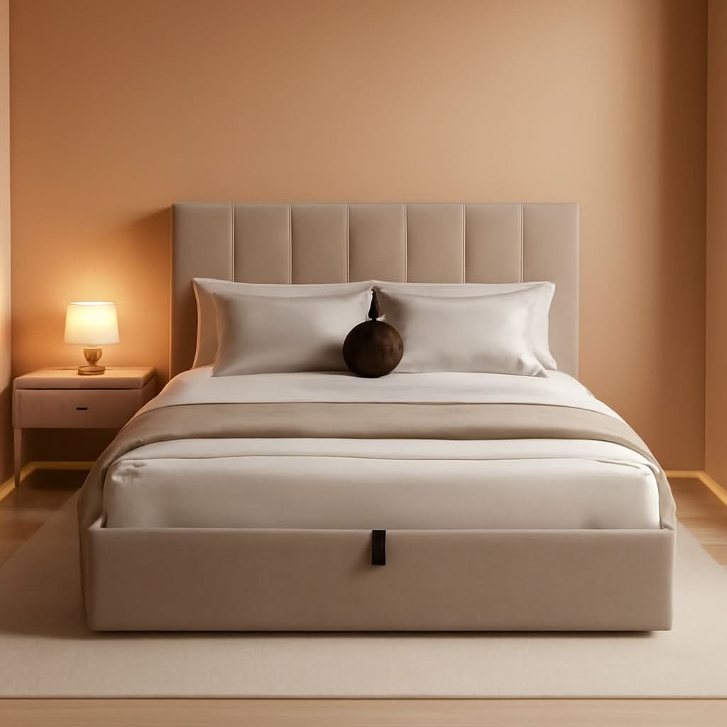 Queen Size Hydraulic Lift Storage Bed Beige Linen Upholstered