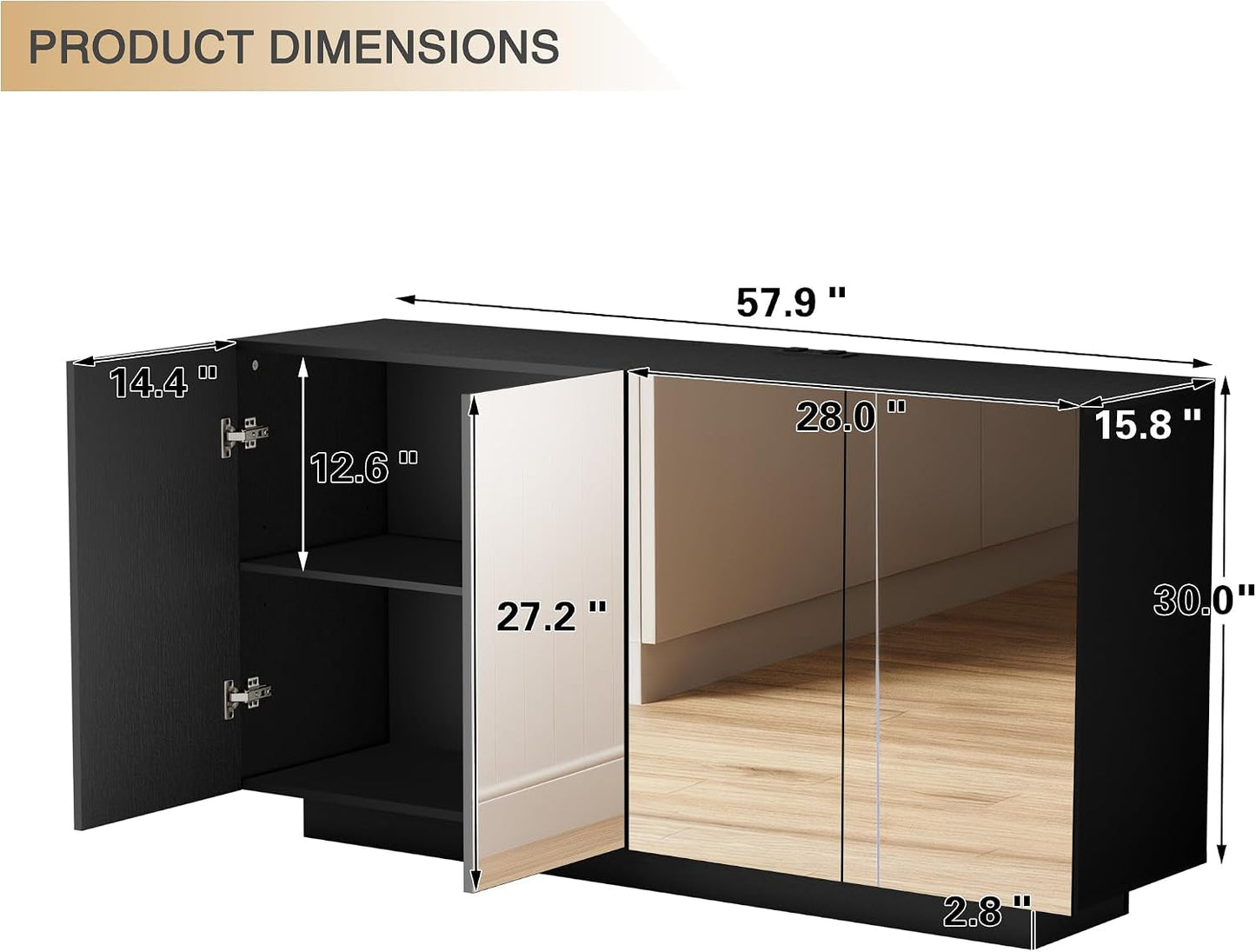 Black High Gloss Buffet Mirror Storage LED Charging