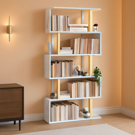 Gold 5 Tier S Shaped Wooden Bookcase For Living Room-0