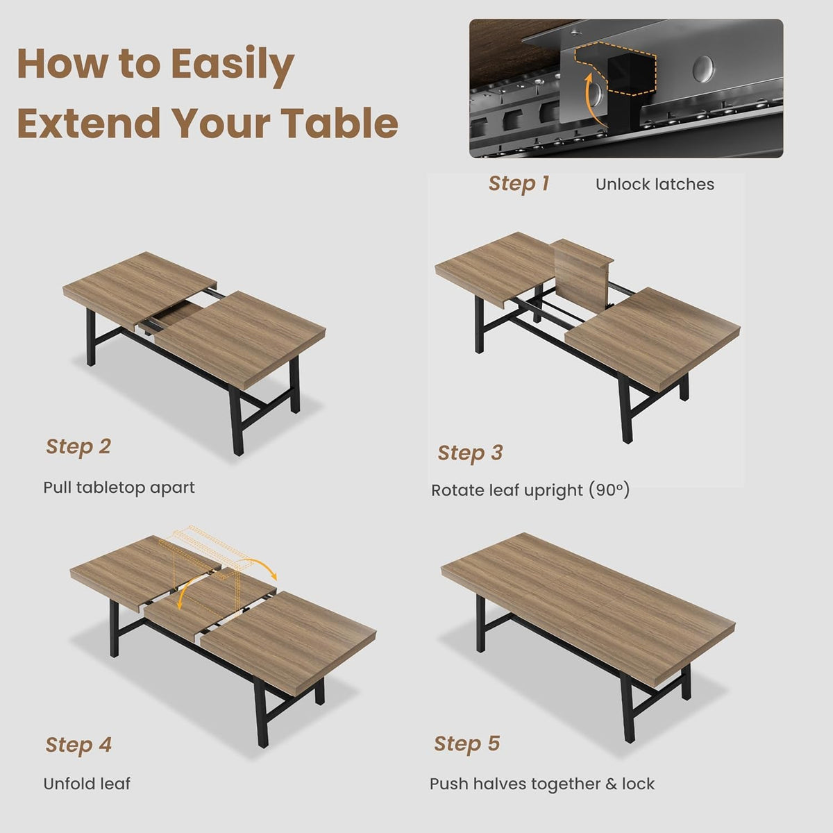 Extendable Dining Table Distressed Steel Heavy Duty