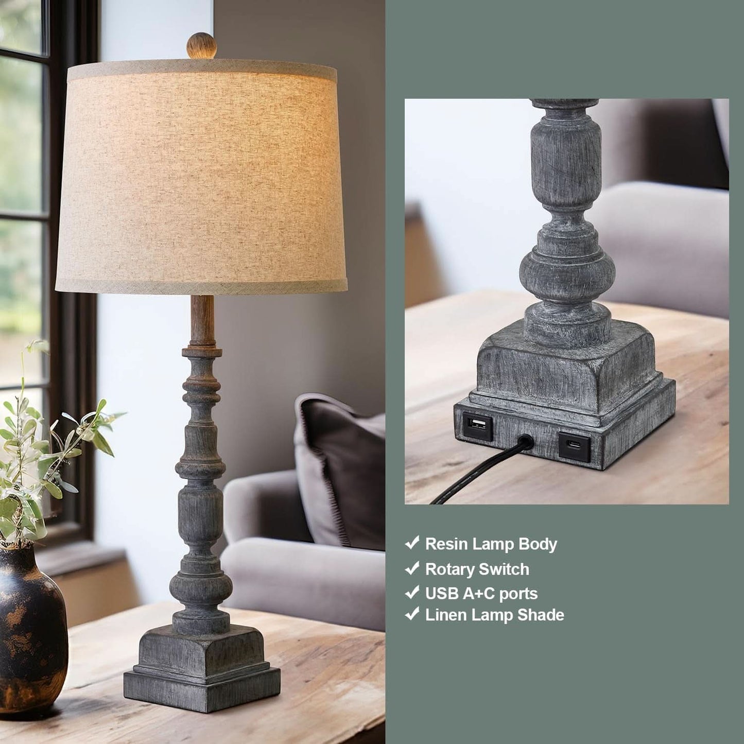27.75 Inch Industrial Timeworn Farmhouse Table Lamps USB