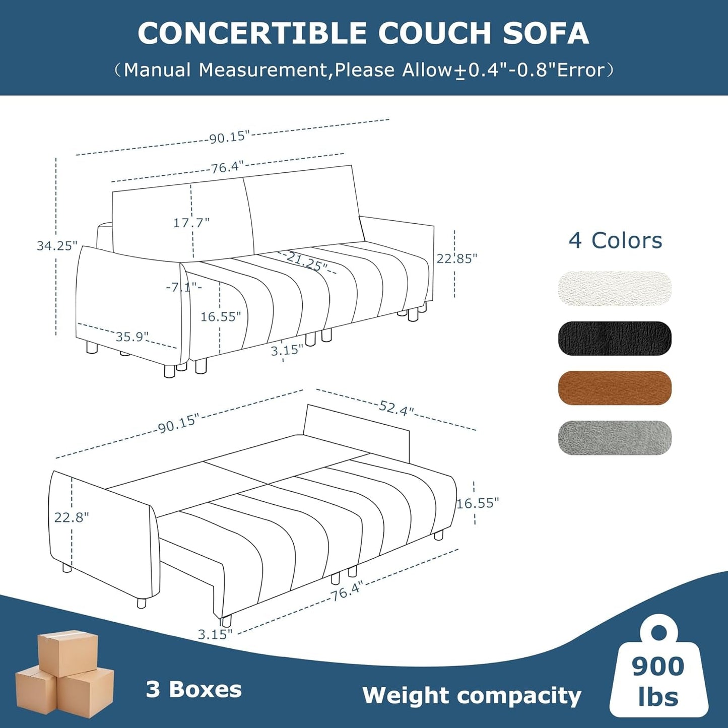 Cream Chenille Sleeper Sofa Bed With Expanded Storage