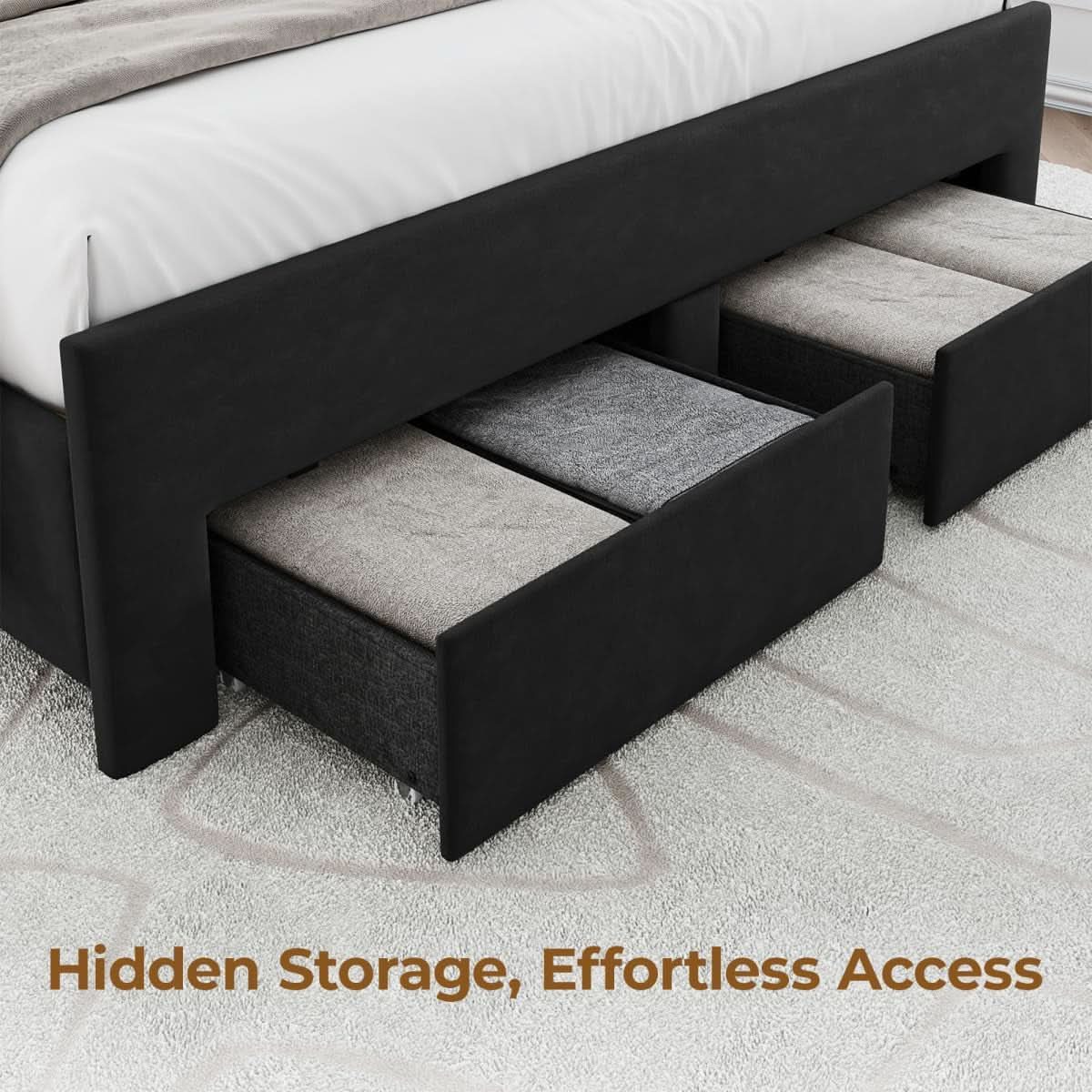 FullSize Velvet Upholstered Bed Frame With Drawers