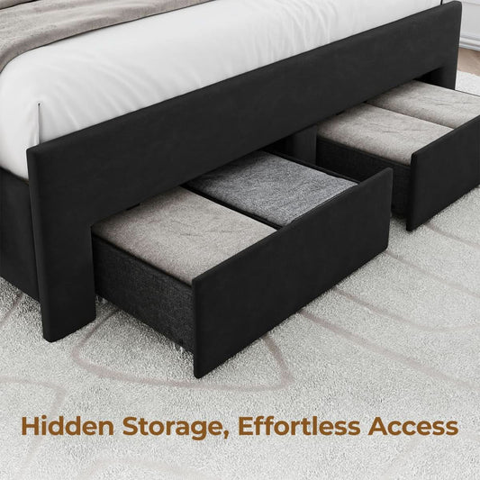 FullSize Velvet Upholstered Bed Frame With Drawers