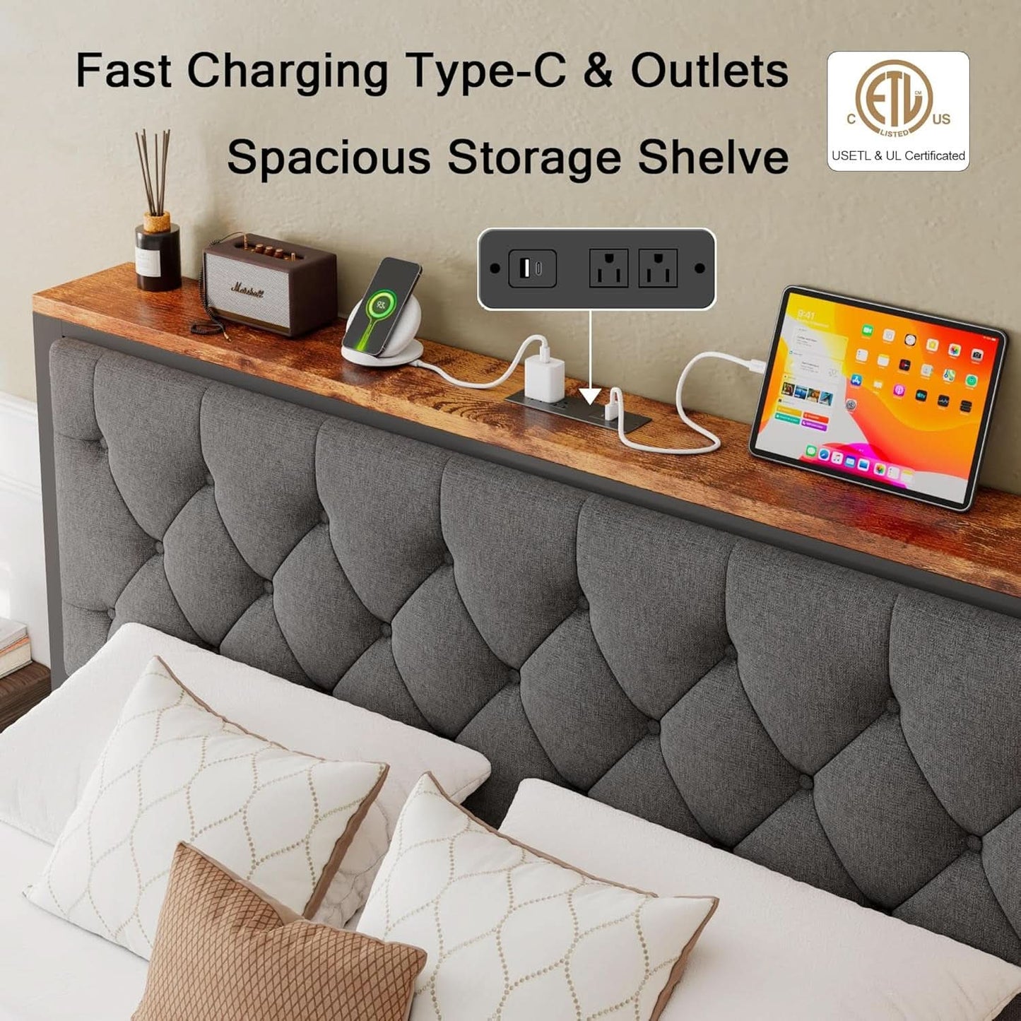Full Size Bed Frame With Grey Storage Drawers USB Ports