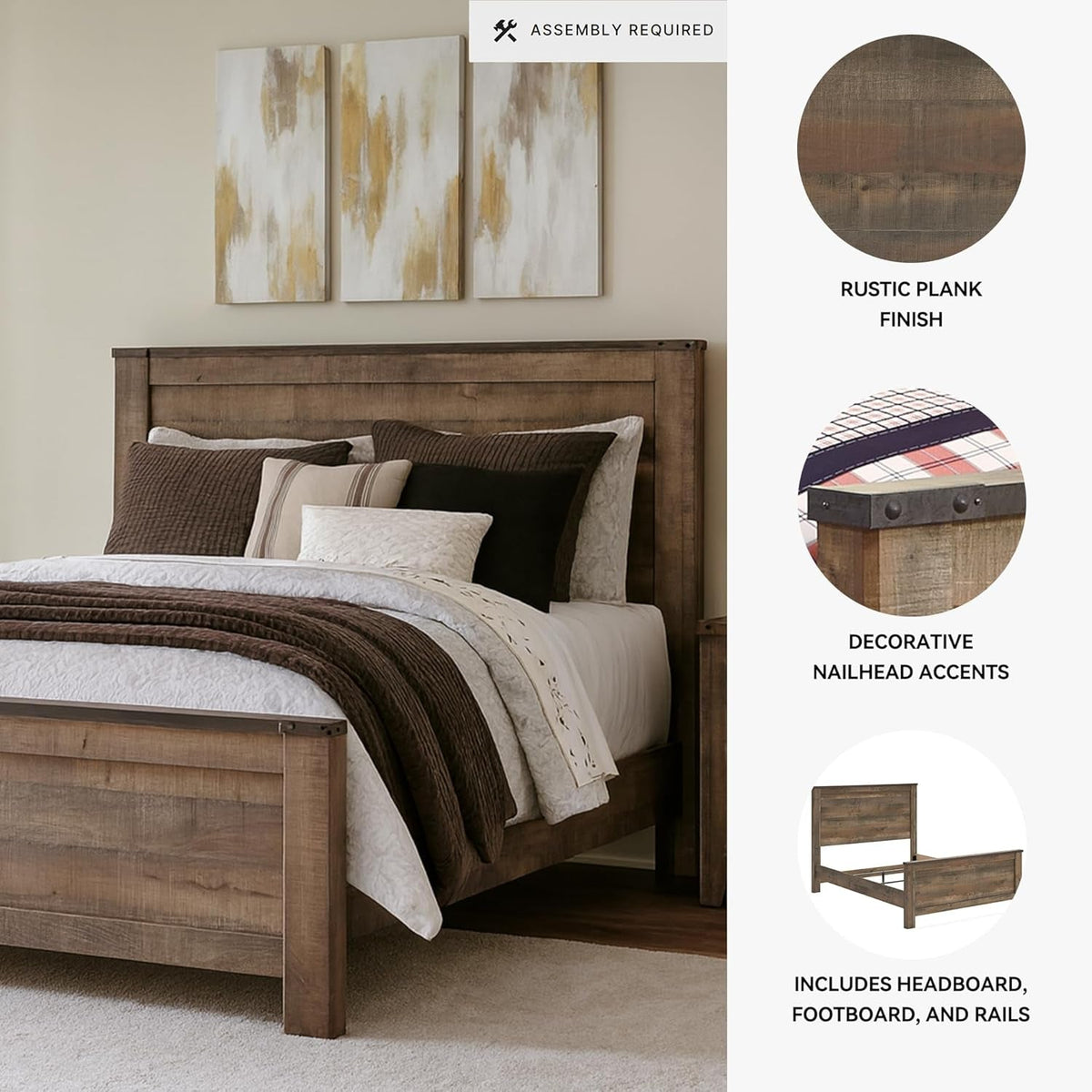 Queen Panel Bed Dark Brown Nailhead Trim Engineered Wood