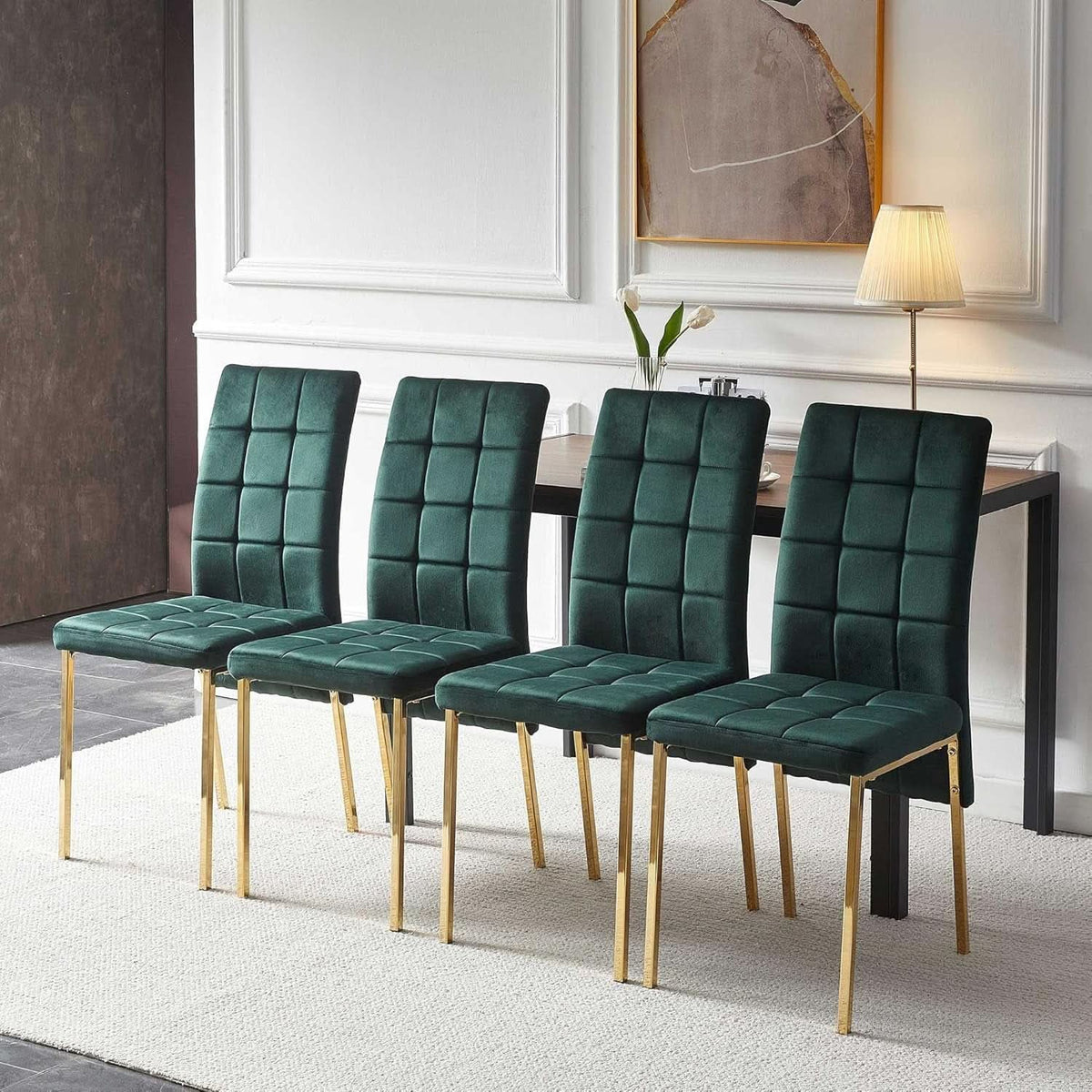 Forest Green Velvet Upholstered Dining Chairs Goldtone