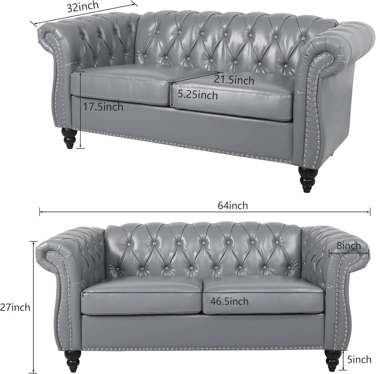 Grey Chesterfield Leather Living Room Set With Scroll Arms