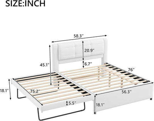 Beige Full Size Upholstered Platform Bed With Trundle