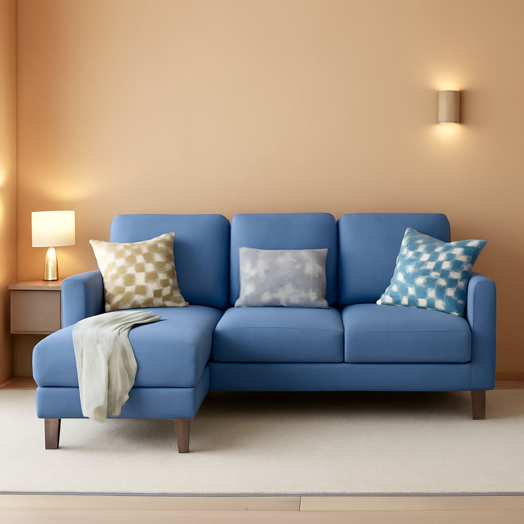 Blue Upholstered L Shaped Movable Sectional Couch Ottoman