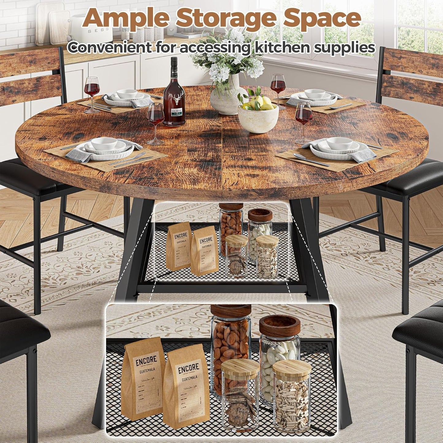 Industrial Round 47.2 Inch Dining Table With Storage